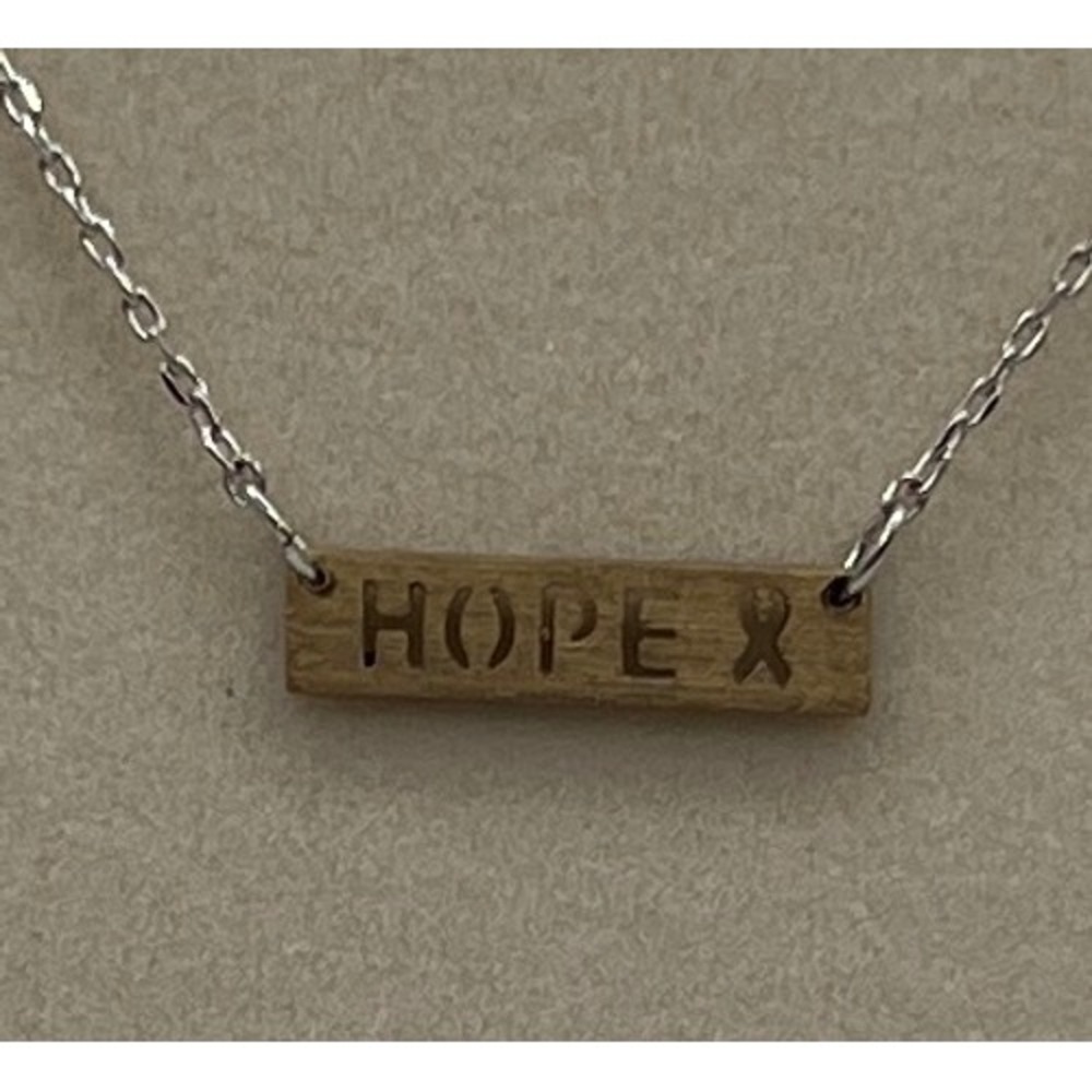 Hope Awareness Ribbon Wood Bar Pendant Necklace Silver Tone Chain 16-18 Inch